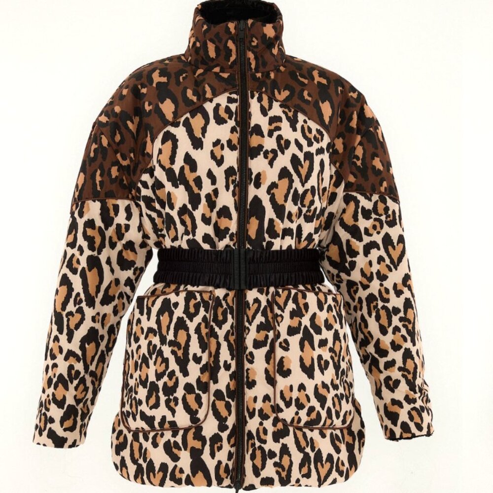 FARM Rio Black Marvelous Garden Puffer Jacket Exotic Tropical Leopard Print - Picture 2 of 16
